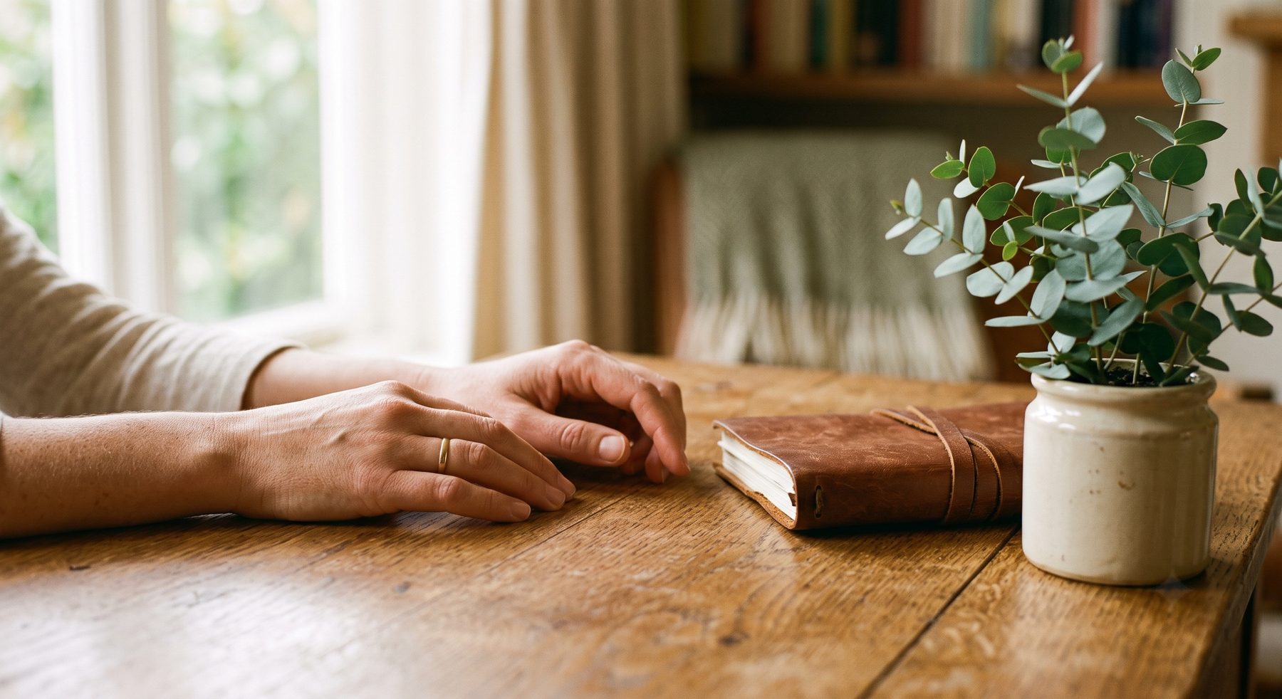 Manos sobre una mesa de madera junto a un cuaderno, con luz natural