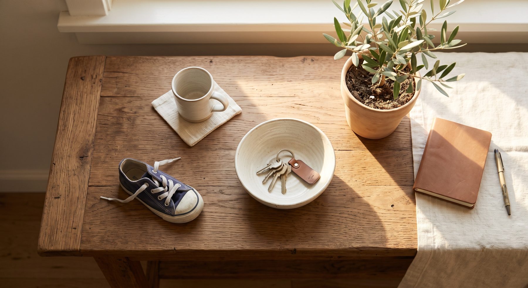 Mesa de entrada de un hogar con llaves y un tenis de niño
