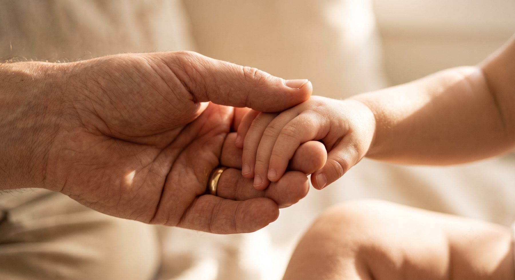 La mano de un adulto sosteniendo la mano de un bebé bajo luz cálida
